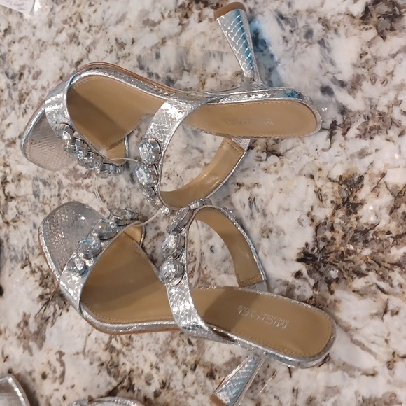 Michael Kors Silver Snakeprint 2 Strap w/Rhinestone High Heel Sandals Multi Size - Picture 7 of 15